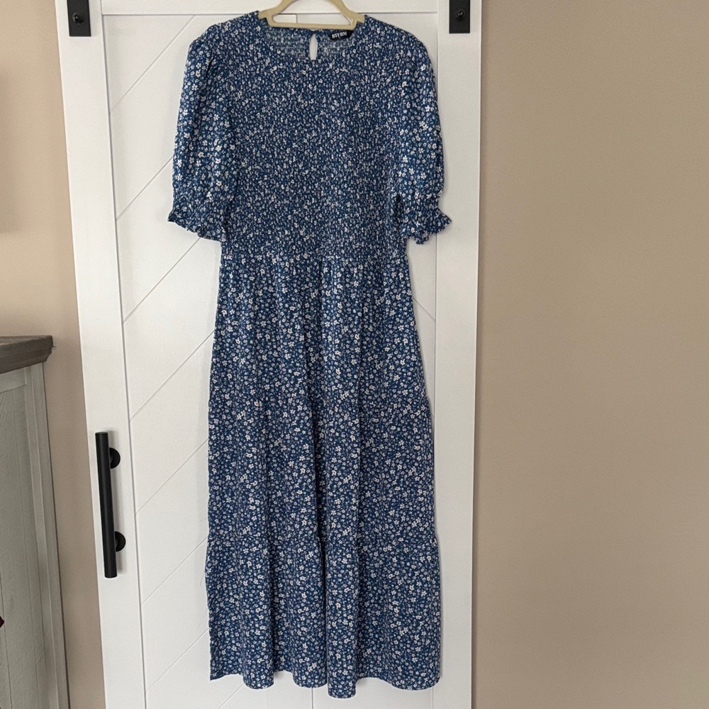 Blue Floral Maxi Dress with Smocked Bodice and Short Ruffled Sleeves
